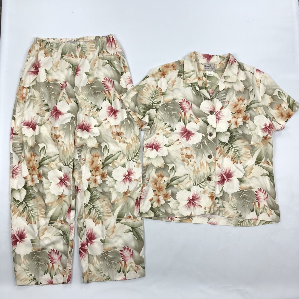 Vtg Naturals Honolulu Women's Medium Tropical Floral Rayon Shirt & Pants Set